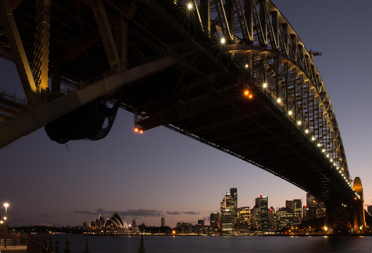 Sydney Harbour Bridge viewed from underneath at sunset